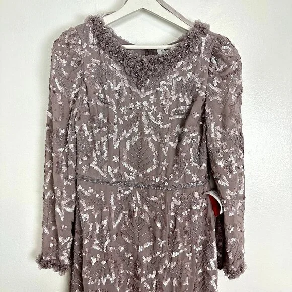 MAC DUGGAL Ruffle Neck Long Sleeve Sequin Midi Dress in Mauve Size US 6 - Picture 4 of 12